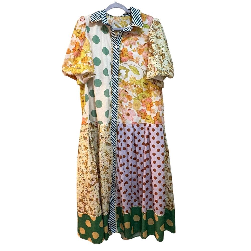 Beulahstyle Shirt Dress Womens Medium Multi Patchwork Puff Sleeve Midi Boho - Picture 2 of 6